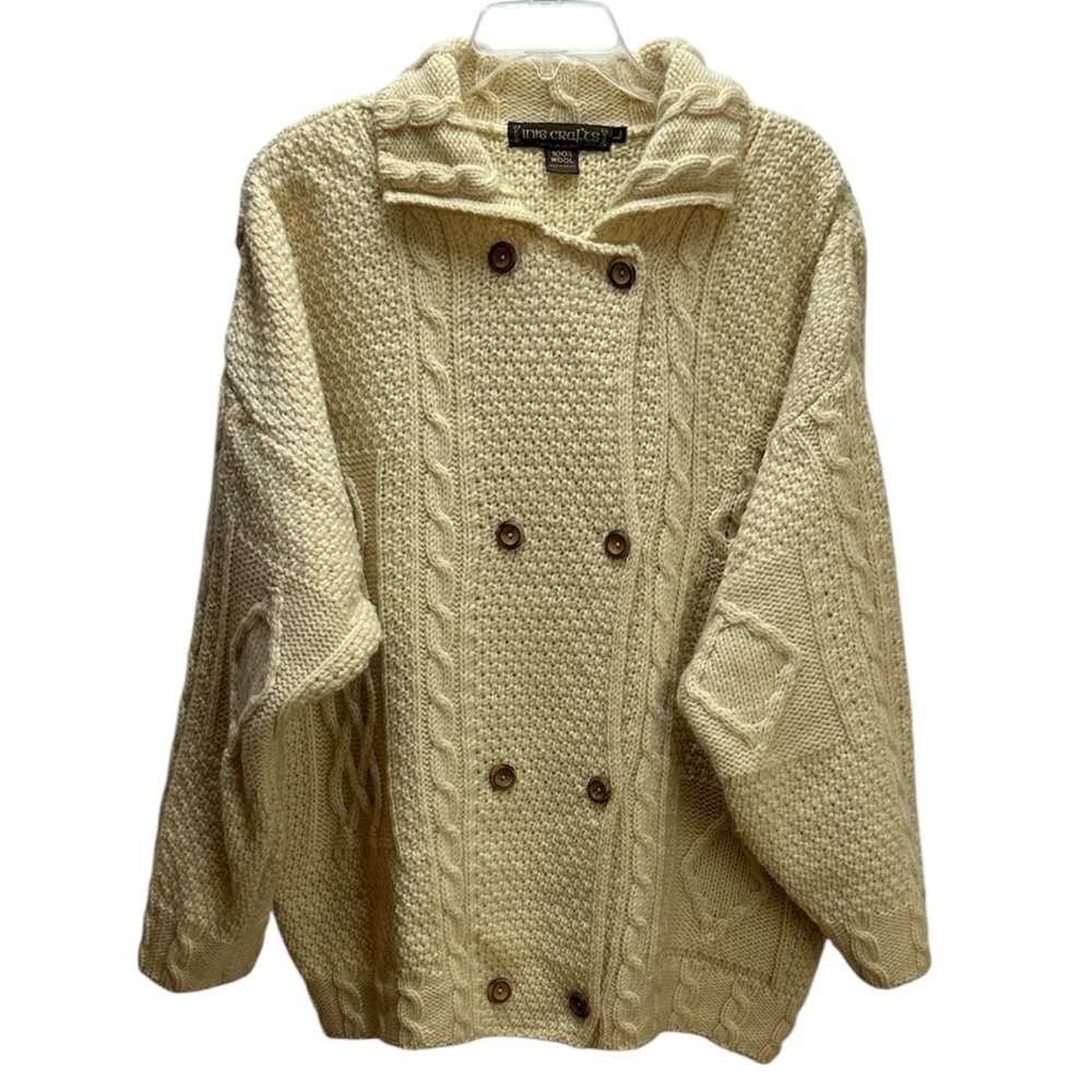 Inis Crafts Ireland Cream 100% Wool Double Breasted‎ Button Cardigan Sweater L